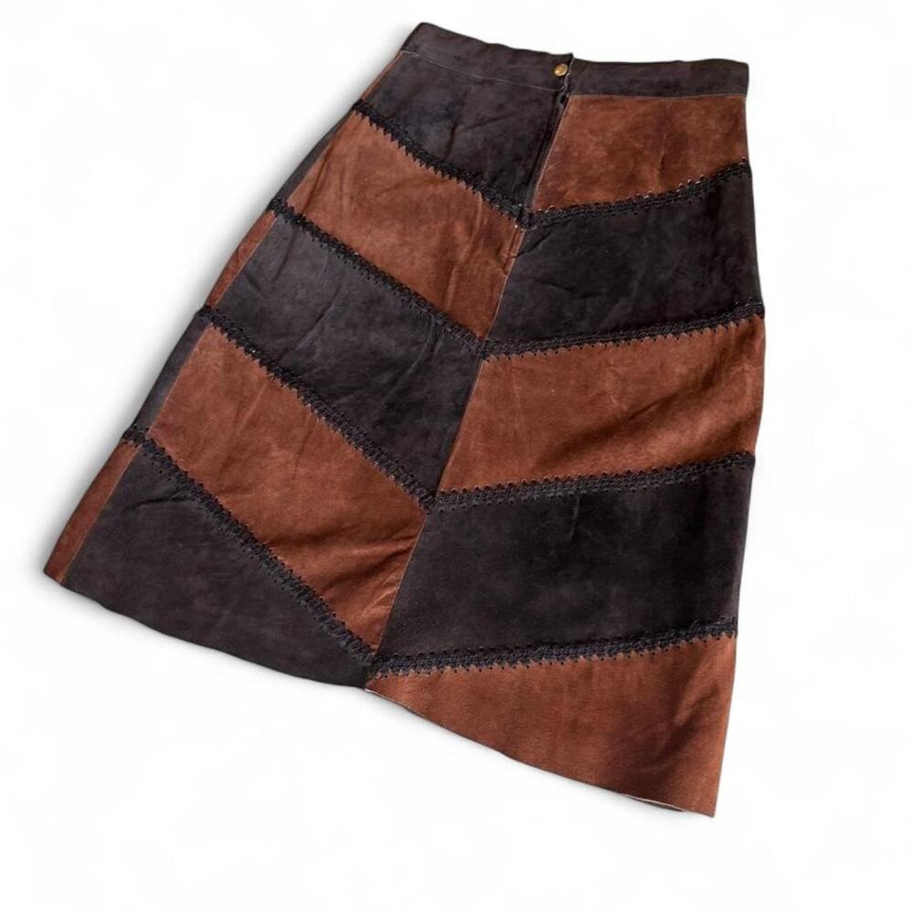 90s Vintage A-Line Brown Suede Patchwork Skirt – Boho Midi Skirt Size 12